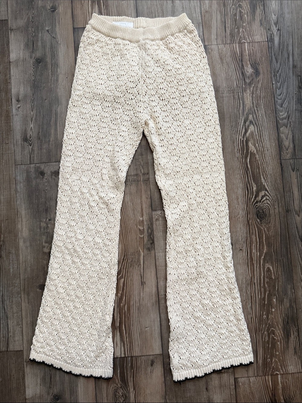 Zara Beige Crochet Knit Flare Pants